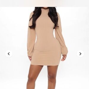 Fashion Nova Elegant Tan Long Sleeve Dress